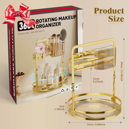 Rotating Makeup Organizer for Vanity, Gold Lazy Susan Perfume Organizer, 2-Tier Bathroom Counter Organizer, 360° Spinning Skincare Dresser Storage, Cosmetic Display Case with Brush Holder - color: Gold