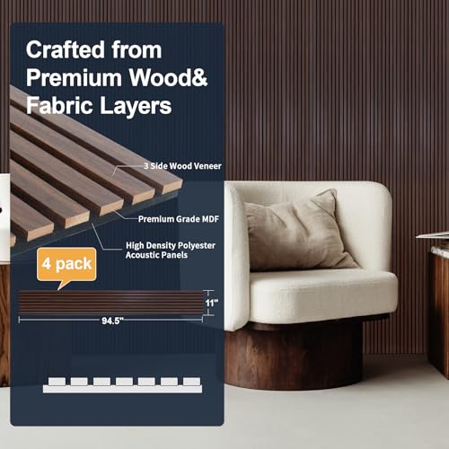 NeatiEase Wood Panels for Wall, 4-Piece 94.5" x 11" Soundproof Wood Slat Wall Panel for Interior Wall Decor Noise Cancelling, Acoustic Wall Panels, Sound Absorbing Panel (Rustic Walnut) - color: Rustic Walnut, size: 94.5" x 11"