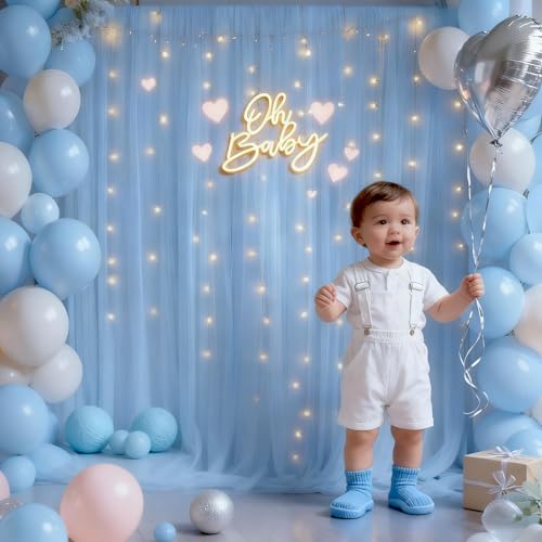 10x10ft Baby Blue Tulle Backdrop Curtain with Lights String for Parites, Sheer Photo Backdrop Curtain Drapes for Wedding Baby Shower Bridal Shower Birthday Party Photo Shoot Decorations - color: Baby Blue, size: 10ft x 10ft(2 Panels 5*10ft)