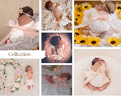Newborn Lace Romper Baby Girl Outfit Photography Prop Vintage Romper with Ribbon Bow and Matching Headband