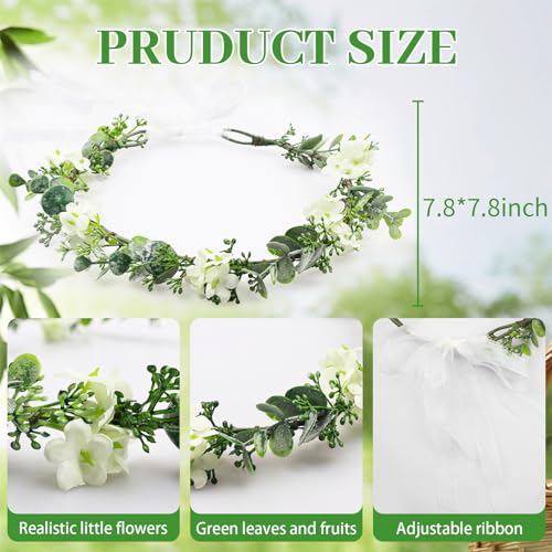 MEMOVAN Bridal Green Leaf Crown Flower Crown Renaissance Fair Adjustable Boho Floral Crowns Eucalyptus Headband Hair Wreath Bohemian Headpiece for Wedding Birthday Vacation Party Festival Photo Prop - color: Whtie