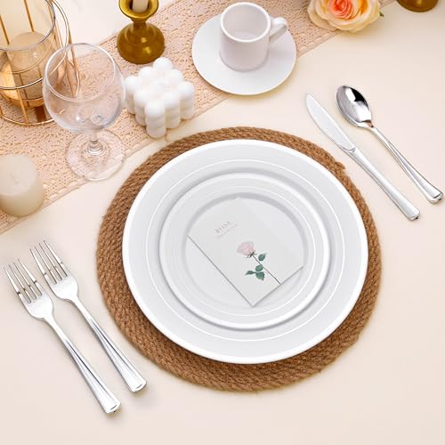 BESTSTAR 100PCS White Plastic Plates for Party, 10.25 Inch Disposable Plates with Silver Rim, Heavy Duty Dinner Plates for Wedding and Birthday - color: White Silver, size: 10.25 inch