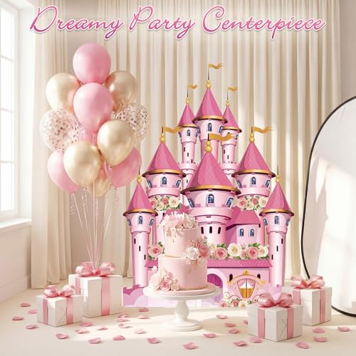 Yinkin Pink Princess Cardboard Castle Cutout Stand up 4ft Tall Princess Castle Party Decoration Waterproof Royal Fairytale Floral Photo Booth Prop for Pink Bridal Shower Birthday Party Decor - color: Princess