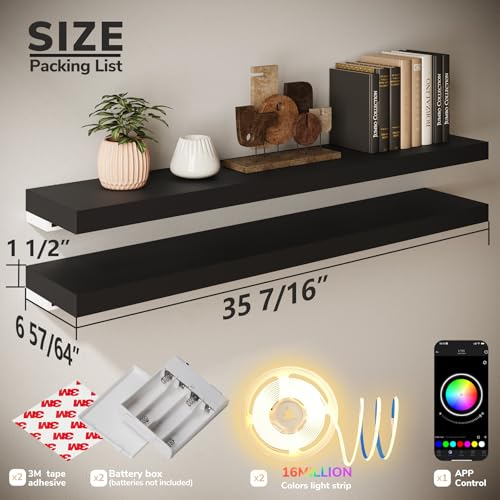 BAMEOS RGB LED Floating Shelves for Wall, 35" Wall Mounted Wooden Shelves with Invisible Brackets, Set of 2, Hanging Wall Shelves for Bedroom, Living Room, Kitchen, Study(Black) - color: Black-rgb, size: 35 x 7