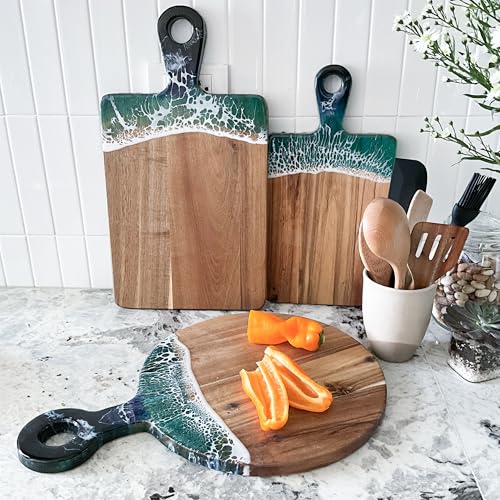 Acacia Wood Serving Board with Ocean Resin Art, 14.6" x 10.2" Charcuterie Cheese Tray for Display & Prep, Cutting Board on Back, Includes Stand & Loofah, Christmas Housewarming Gift (Round) - color: Round Cutting Board, size: 14.6" x 10.2" x 0.7"