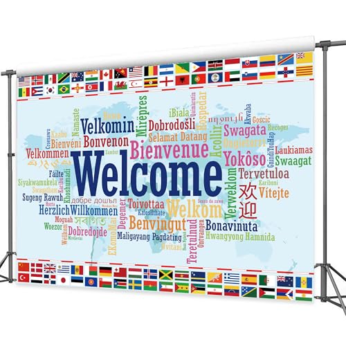 International Flag Backdrop 8Wx6H Feet Polyester Fabric World Map Colorful Multilingual Welcome Banner Decoration Country Events Sports Club Favors Photography Background Photo Shoot Props - color: A-11Welcome, size: 8Wx6H
