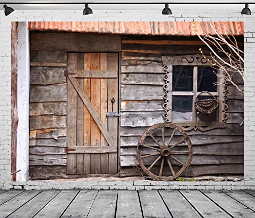 BELECO 15x10ft Fabric Old Wooden House Cabin Backdrop Rustic Farmhouse Barn Door Wooden Window Wheel Background Western Country Scene Cowboys Theme Party Decorations Kids Adults Photo Studio Props - size: 15x10FT