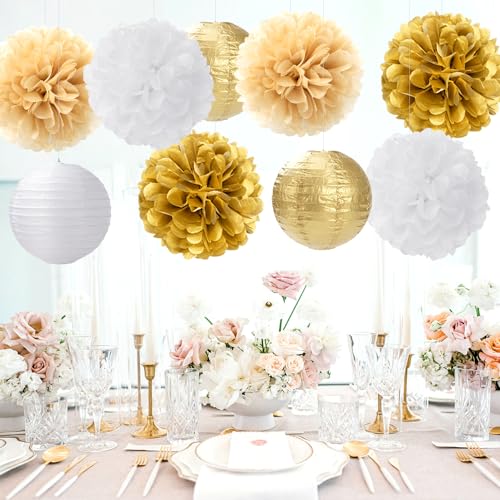 White Gold Party-Decorations Paper Flowers Lanterns - 15PCS Engagement Birthday Graduation Wedding Tissue Pom Poms Streamers,Neutral Bachelorette Baby Bridal Shower Hanging Supplies Decor Hugfond - color: Khaki White Gold