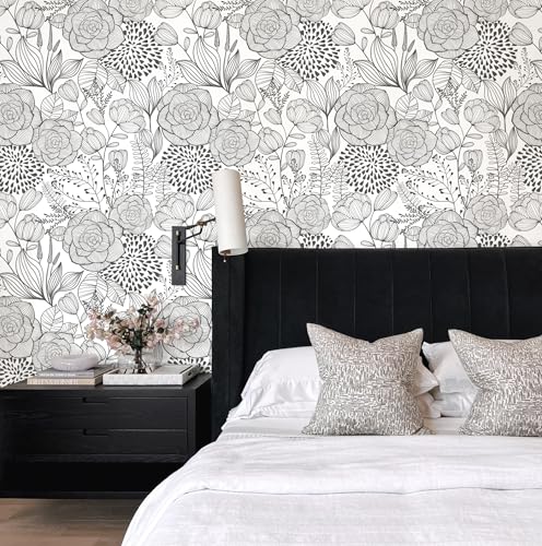 Wudnaye Black and White Floral Wallpaper Peel and Stick Floral Contact Paper 17in×196.8in Flower Black White Self Adhesive Wall Paper for Bathroom Waterproof Removable Wallpapers Cabinets Decorative - color: Dark Gray, size: 17" x 196.8"