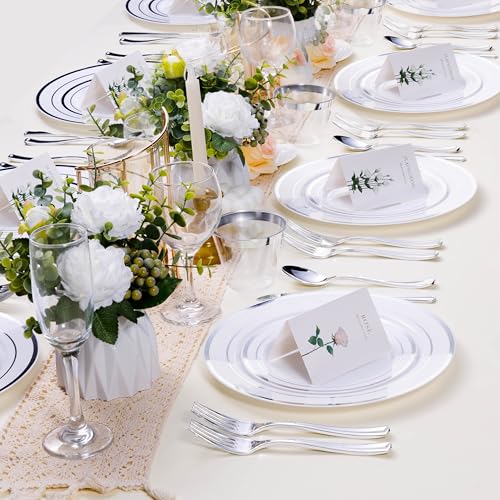 BESTSTAR 7 Inch White Plastic Plates,100PCS Disposable Dessert/Appetizer/Small Cake Plates with Silver Rim,Heavy Duty Plate Ideal for Wedding and Birthday - color: White Silver, size: 7 inch