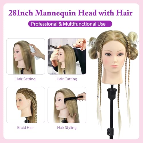 Mannequin Head with Hair with Tripod Stand - 28" Cosmetology Mannequin Head with Stand, Doll Head for Hair Styling Braiding Practice Manikin Head with Tripod Set, Ombre Golden - color: Golden&Tripod