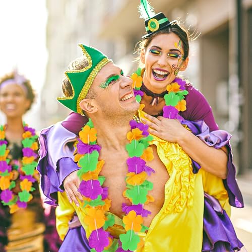 Mardi Gras Leis Accessories, 24PCS Purple Gold Green Silk Flower Leis, Carnival Leis Costume Necklace Decorations Bulk, Mardi Gras Flower Leis Hawaiian Luau Beach Pool Parade Party Favors Accessories - color: Mardi Gras 24pcs