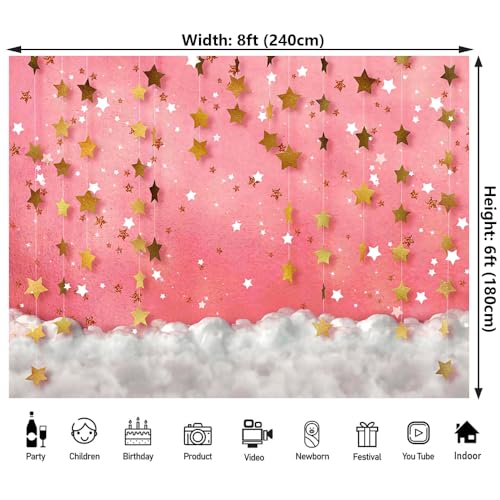 8x6ft Pink Dreamy Golden Stars Pendant Backdrop Girl Baby Shower Party Birthday Decorations Banner Photography Background Photo Booth Props - color: Pink-Star Clouds, size: 8x6ft