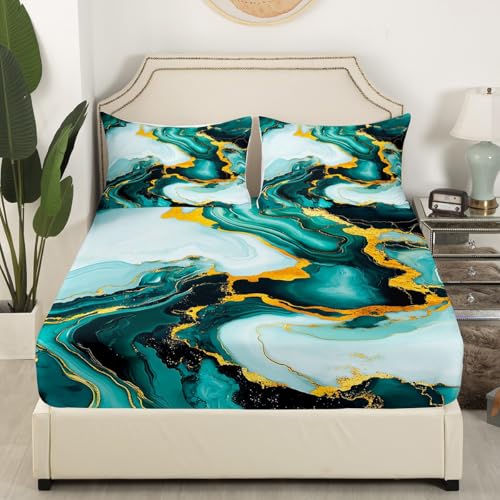 Abstract Marble Fitted Sheet Full Size,Luxury Stone Texture Modern Artwork Bedding Set,Boys Girls Adults Room Decor,Golden Sequins Dreamy Green Unique Bed Cover,2 Pillowcases(No Flat Sheet) - color: Black Golden, size: FULL (W54*L75*H16")
