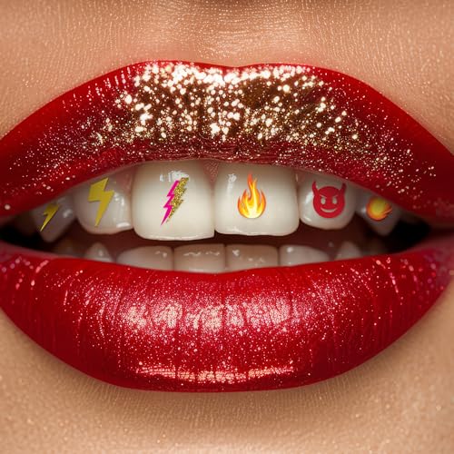 Holiday Tooth Bling Tattoo – Temporary Tooth Gem Kit for Teeth – Safe for Teens & Adults, Removable Fun Fake Tooth Tattoo Stickers for Holiday Costume, Party & Cosplay (Lightning Fire) - color: Lightning Fire