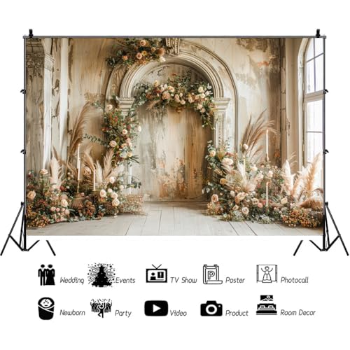 8x6ft Boho Cream Colored Arch Floral Backdrop for Photography Beige Reed Realistic Stylish Photography Background Wedding Maternity Portrait Backdrop Studio Photo Props - size: 8x6ft