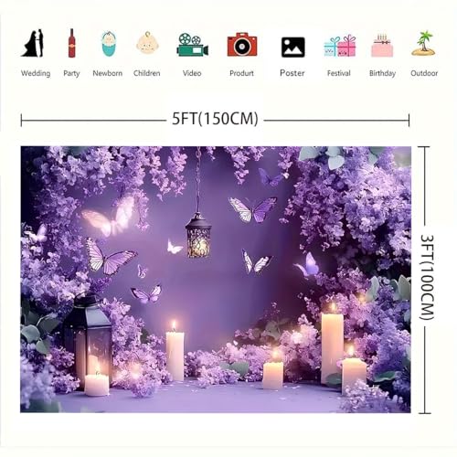 Romantic Purple Backdrop Glitter Purple Butterfly Lavender Flower Wall Background Photography for Birthday Party Girl Fairy Party Decorations Wedding Photo Booth Studio Props (A, 5X3FT) - color: A, size: 5X3FT