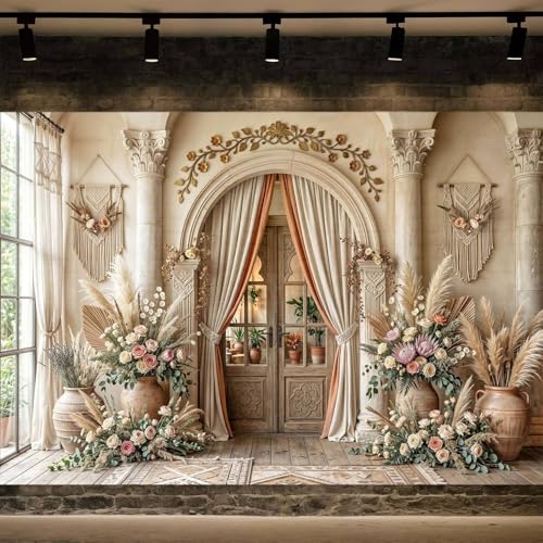 7X5ft Boho Floral Wedding Backdrop Retro Elegant Flowers Wall Photography Background Beige Vintage Wedding Bridal Shower Mother's Day Event Party Home Art Decor Portrait Photoshoot Props - color: Boho04, size: 7X5FT
