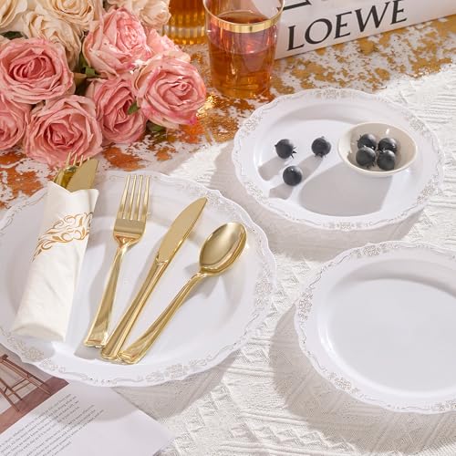 Fijinhom 175 PCS White and Gold Disposable Plates, Elegant Dinnerware Set for 25 Guests, 50 Plastic Plates, 75 Silverware, 25 Cups & 25 Paper Napkins, White and Gold - color: White and Gold Pattern, size: 25 Guests-175pcs