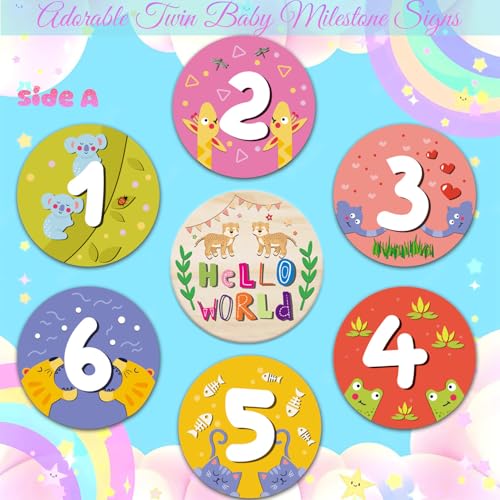 14 Designs Safari Twin Baby Monthly Milestone Cards Sign, 1-12 Months Wooden Photo Props for Twins, Gender-Neutral Twin Baby Shower Cards, Twins Memory Book Essentials (Twins Monthly Milestone) - color: Twins Monthly Milestone