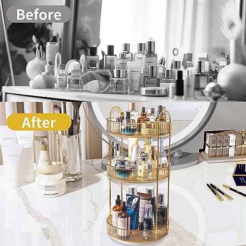 Asayuee 360 Rotating Makeup Organizer for Vanity,3 Tier Large Capacity Vanity Storage,Skincare Perfume Spinning Organizer,Bathroom Cosmetics Storage Makeup Stand Organizer (Gold-3 Tier) - color: Gold, size: 3 Tier