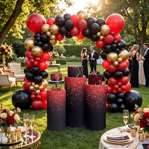 Mindsoft Set of 3 Red Black Spandex Cylinder Stand Covers for Party, Flexible Cylinder Pedestal Covers, Dessert Tables Display for Birthday Party Wedding Baby Shower Backdrop Decor - color: Gradient Red, style: Glitter