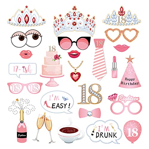 25 PCS 18th Birthday Photo Booth Props Party Supplies Holiday Picture Decorations Photo Booth Props for Birthday Party Favors Pose Sign Kit Fun for Girls Women - color: Pink-18