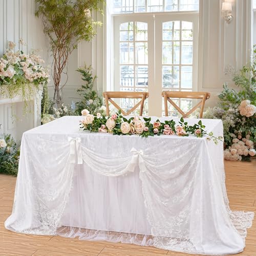 B-COOL White Lace Tablecloth 5 Pack 60 x 120 Inch Wedding Table Cloth Rustic Table Overlay Sheer Table Cloths for Vintage Party Thanksgiving Floral Fall Table Decoration - color: White, size: 60" x 120" (5 Pieces Rectangle)