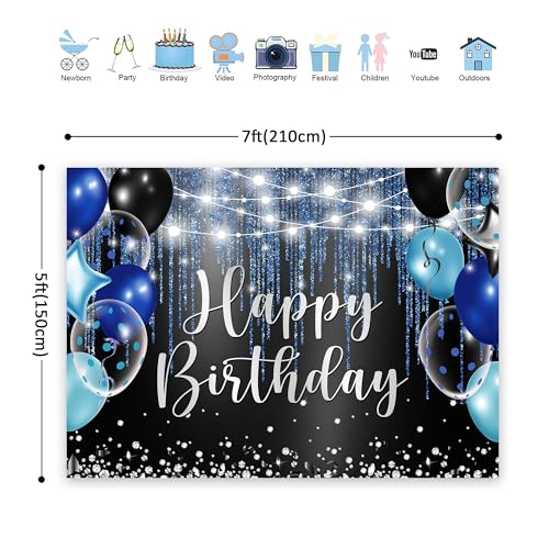 Riyidecor Royal Navy Blue Black Happy Birthday Backdrop for Men Boys 7Wx5H Feet Polyester Fabric Modern Balloons Diamonds Sparkle Bday Photography Background Cool Table Decor Banner Studio Photo Shoot - color: A 03 Blueblack, size: 7Wx5H