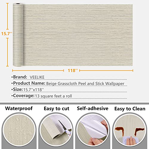 VEELIKE Ecru White Grasscloth Peel and Stick Wallpaper Textured Grasscloth Wallpaper 15.7''x118'' Removable Linen Fabric Vinyl Wall Paper Self Adhesive Grass Cloth Contact Paper for Bedroom Walls - color: Ecru White, size: 15.7" x 118"