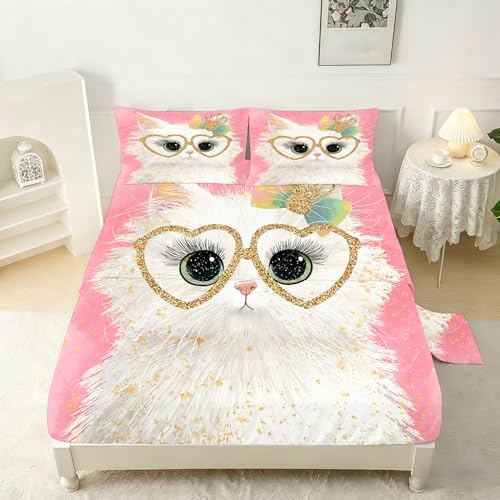 Glitter Cat Fitted Sheet Set Twin Size for Kids Cute White Cat with Heart Glasses Print Sheet Set Kawaii Bow Kitten Bedding for Girls Toddler with 1 Fitted Sheet + 1 Flat Sheet + 1 Pillowcase - color: Cat 09, size: Twin