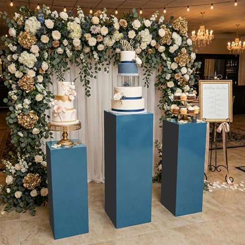 SwallowLiving 3PCS Metal Blue Display Pedestal Stand for Parties, Square Tall Pedestal Cake Stands Pillars for Wedding, Sculpture Display Stand Column Decoration - color: Blue