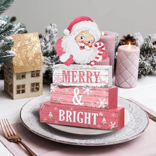 Geelin 4 Pcs Christmas Wooden Tabletop Decor Pink Winter Santa Tiered Tray Decor Christmas Centerpiece Rustic Decorative Block Signs Gift Farmhouse Table Decoration for Home Kitchen - style: Santa