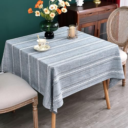 NEWISHER Rustic Farmhouse Embroidered Square Tablecloth Jacquard Striped Table Cloth Linen Texture Washable Dining Table Cover Kitchen Dining Home Decoration Blue and Grey 52x52 inch - color: Blue and Grey, size: 52" x 52" (Square)