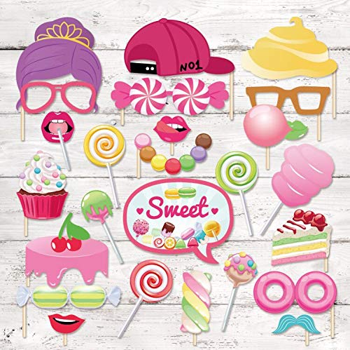 Generic Candy Photo Booth Props, 25PCS (Candy) with Sticks & Glue Dots, Paper & Wood Material, Party Photo Booth Props, Ideal for Weddings, Birthdays, Parties & Photo Sessions - color: Candy