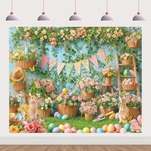 Spring Easter Backdrop 10x8ft Garden Floral Bunny Eggs Rusitc Blue Wood Wall Background Green Plants Flower Rabbit Banner Tapestry Kids Party Decorations Fabric Polyester - color: Easter-4, size: 10x8ft
