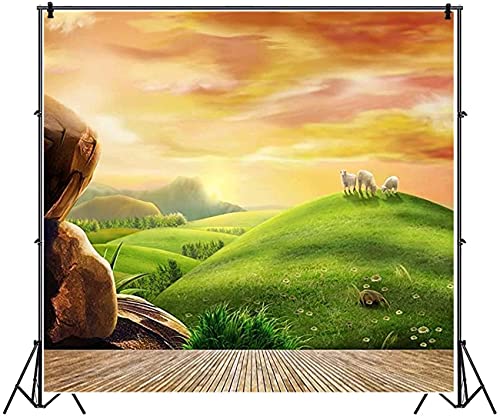AOFOTO Photography Girl Backgrounds 6x6ft Backdrop Dreamy Pastoral Scenery Cartoon Painting Rosy Clouds Sheep Grass Hillside Wood Floor Photo Shoot Studio Props Video Baby Kid Artistic Portrait - size: 6x6ft