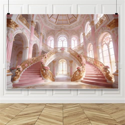 5x3ft Pink Gold Palace Staircase Backdrop Luxury Royal Castle Double Staircase Floral Ornate Photo Background for Wedding Princess Birthday Party Decor Photo Booth Props Polyester - color: Pink, size: 5x3ft
