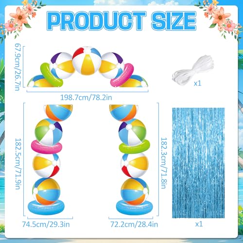 Beach Ball Party Porch Banner with Blue Foil Fringe Curtains Beach Ball Photo Booth Props Background Summer Door Entryway Decorations for Hawaii Tropical Birthday Party Supplies