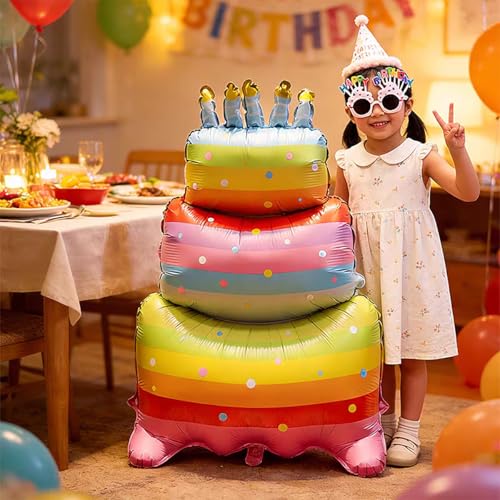 60 Inch Rainbow Birthday Cake Foil Balloons,Giant 3 Tier Cake Self-Standing Balloon for Girls Boys Kids Birthday Party Supplies,Baby Shower Party Centerpiece Decorations - color: Rainbow Cake