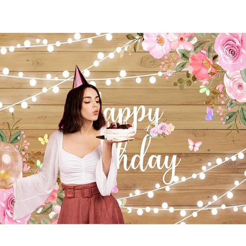 Happy Birthday Backdrop for Women Pink Watercolor Flowers Wooden Wall Glitter Lights Photography Backdrop for Women Birthday Party Decoration Cake Table Banner 7x5Ft - color: Light Brown, size: 7x5Ft