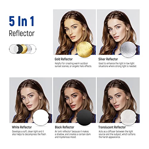 NEEWER 80cm Light Reflector with Handle & 3/8" Thread, 5 in 1 Foldable Round Light Diffuser, Translucent/Silver/Gold/White/Black for Studio or Outdoor Photo Lighting, RF-80II - style: 80cm