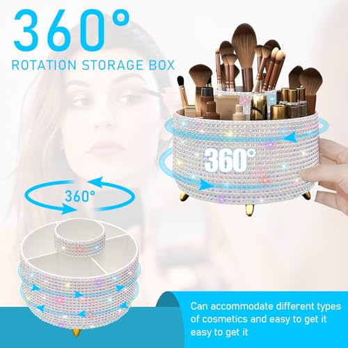 Diesisa Bling Diamond 360° Makeup Brush Holder Organizer, Rotating Makeup Brush Organizer,5 Slot Make up Brushes Cup for Cosmetics, Vanity Desktop Organizer, Gift for Women Teen Girls- Diamond White - color: Diamond White
