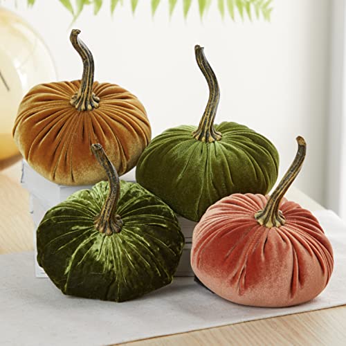 Set of 4 Small Velvet Pumpkins, Thanksgiving tablescape, green pumpkins, gold accent, cozy autumn vibe, fall tiered tray decor, gift set for hostess, hygge home (Luxe Clover, Harvest, Avocado, Gold) - color: Luxe Clover, Harvest, Avocado, Gold