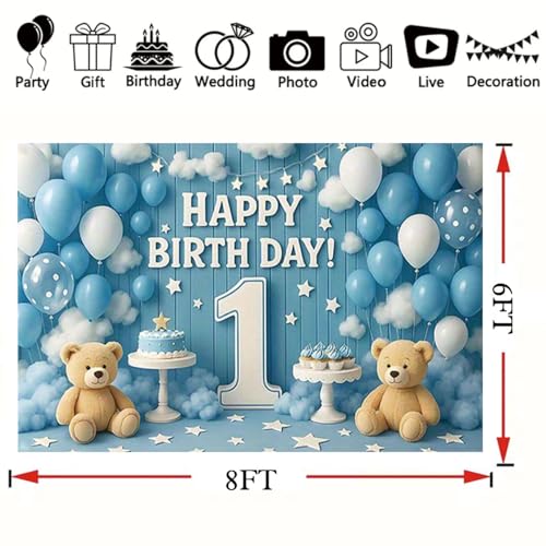1st Happy Birthday Backdrop Blue Balloons Clouds Large Number 1 Text Design Newborn Boy Girl Birthday Party Decoration One Year Old Kids Cake Smash Decoration Studio Photo Props (B, 8X6FT) - color: B, size: 8X6FT