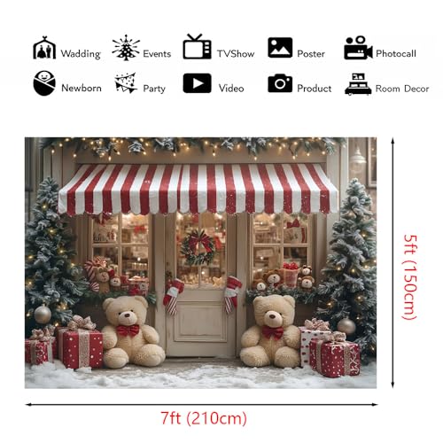 AIBIIN 7x5ft Winter Christmas Shop Backdrop Holiday Storefront Decorations Snowy Christmas Storefront with Cut Bears, Gifts, Stockings and Wreath - color: Store, size: 7x5ft