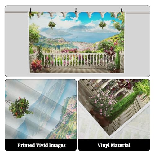 AOFOTO 7x5ft Garden Terrace Backdrop Pretty Scenery Photography Background Adult Girl Bride Lovers Artistic Portrait Seascape Romantic Wedding Retro Photo Shoot Studio Props Video Drop Wallpaper Drape - size: 7x5ft