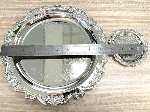 Quluxe Round Platter Serving Tray Metal Reusable Decorative Appetizer Platter Dessert Plate for Kitchen Party Centerpiece Display, 2 Pcs Silver (4 Inch+10 Inch) - color: Silver, size: 4" & 10"
