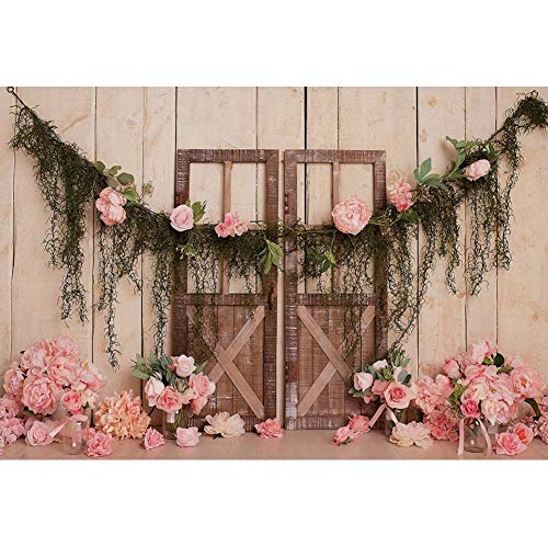 Haoyiyi 10x6.5ft Wedding Backdrop Rustic Pink Rose Flowers Wood Door Floor Board Photography Background Bridal Shower Mother's Day Valentine Anniversary Bride Girl Artistic Portrait Photo Studio Props