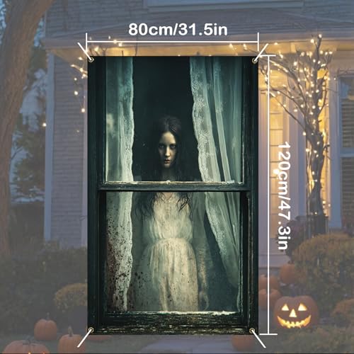 Nuxovilar Halloween Window Decorations, Bloody - Gown Ghost Standing Behind Halloween Window Cover for Indoor, Party, Haunted House, 31.5x47.3 Inches - color: LU90012